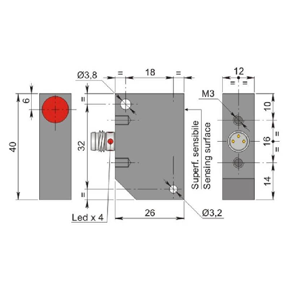 DPI Rect. PNP NO P2mm noyé 12x40x26mm Plast. 10-30Vdc / M08 3P-Lire la description