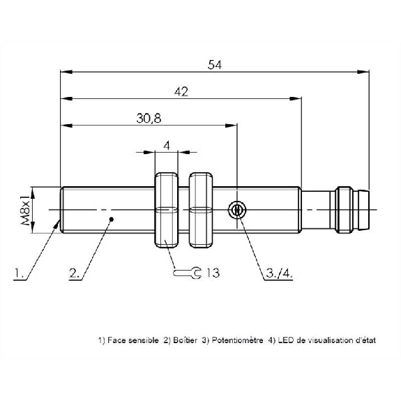 DPC M08 PNP NF P1,5mm noyé lg54(42)mm Inox 11-30Vdc / M08 3P-Lire la description
