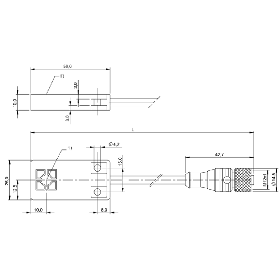 Tête de lecture/écriture (70/455 kHz), 25x10x50mm, M12 5P+C1m PU Tête de lecture/écriture (70/455 kHz), 25x10x50mm, M12 5P+C1m PU-Lire la description