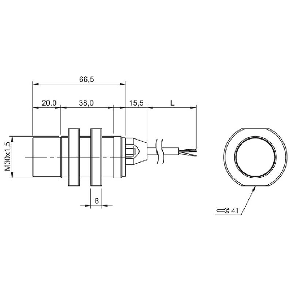 DPC PNP NO P30mm non noyé lg66,5(38)mm PBT / Câble 2m PUR-Lire la description
