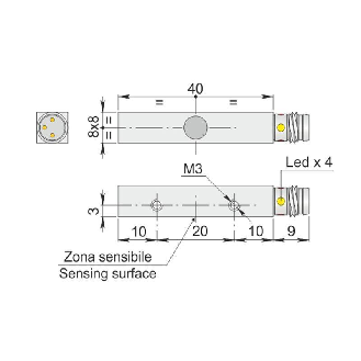 DPI Rect. PNP NO P2mm noyé 8x8x40mm 6-30Vdc / M08 3P-Lire la description