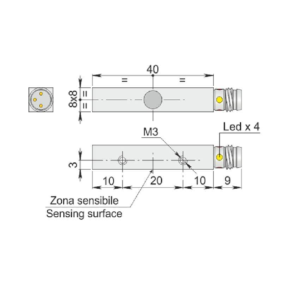DPI Rect. PNP NO P2mm noyé 8x8x40mm 6-30Vdc / M08 3P-Lire la description