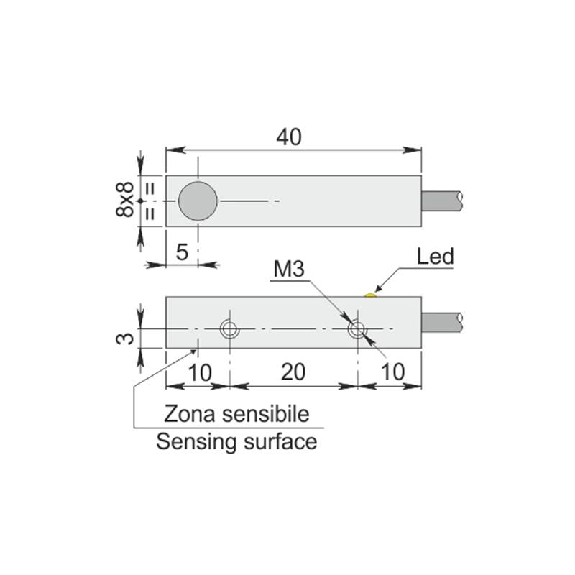 DPI Rect. NPN NF P2mm noyé 8x8x40mm 6-30Vdc / Câble 2m PVC-Lire la description