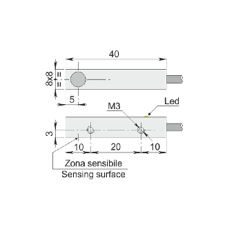DPI Rect. NPN NF P2mm noyé 8x8x40mm 6-30Vdc / Câble 2m PVC-Lire la description