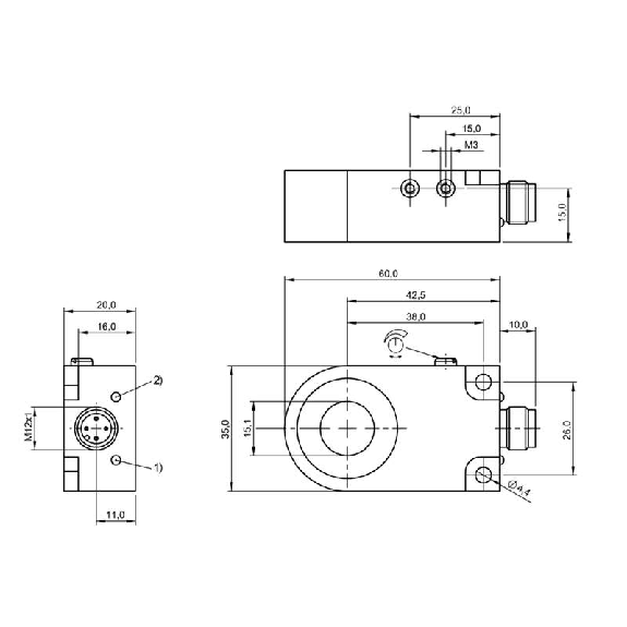 DPI Annulaire Ø=15mm PNP NO Pot. 60x35x20mm Plast. 10-30Vdc / M12 4P-Lire la description