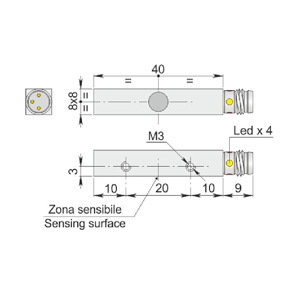 DPI Rect. PNP NF P2mm noyé 8x8x40mm 6-30Vdc / M08 3P-Lire la description