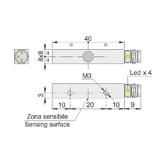 DPI Rect. PNP NF P2mm noyé 8x8x40mm 6-30Vdc / M08 3P-Lire la description