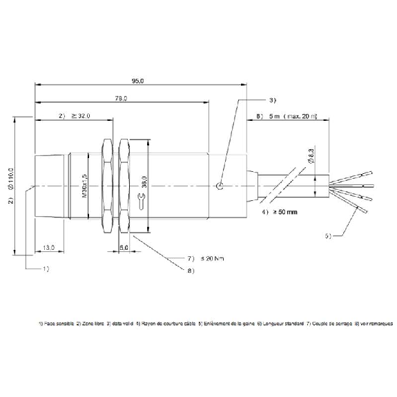 Tête lecture/écriture RFID 70/455 kHz, M30 non noyé, Parallèle C5m-Lire la description