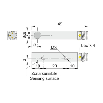 DPI Rect. NPN NF P2mm noyé 8x8x40mm 6-30Vdc / M08 3P-Lire la description