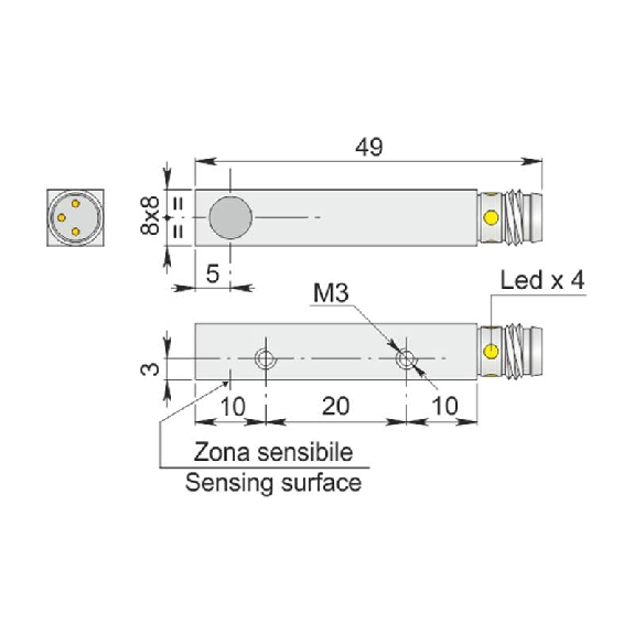 DPI Rect. NPN NF P2mm noyé 8x8x40mm 6-30Vdc / M08 3P-Lire la description
