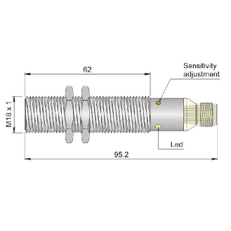 DPC M18 PNP NO+NF P5mm noyé lg95.2(62)mm Laiton 10-40Vdc / M12 4P-Lire la description