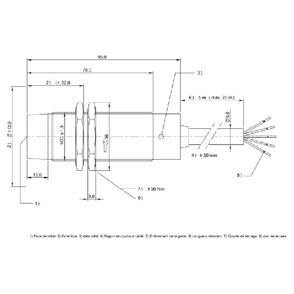 Tête lecture/écriture RFID 70/455 kHz, M30 non noyé, Parallèle C5m Tête lecture/écriture RFID 70/455 kHz, M30 non noyé, Parallèle C5m-Lire la description