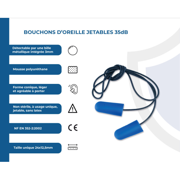 Paire de bouchons d'oreilles jetables - Sachet de 200 Pièces -35dB détectables - Avec cordon-Lire la description