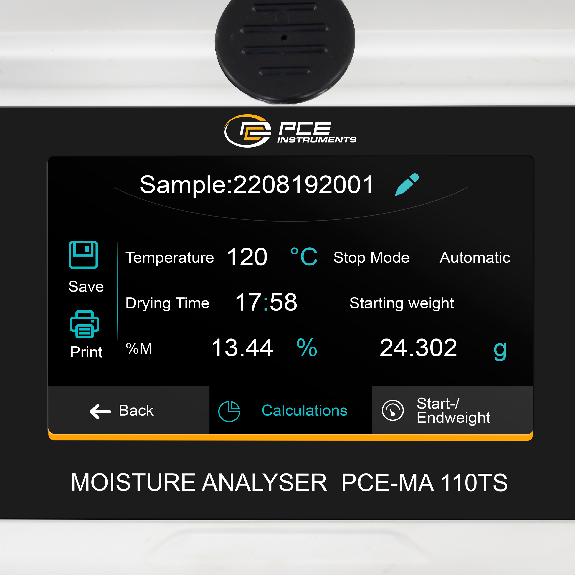 PCE Instruments Getreidefeuchtemesser |PCE-MA 110TS |Wägebereich: 0 ... 110 g |Ablesbarkeit: 0,001 g |mit Touchscreen-Beschreibung lesen