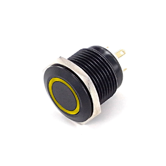 SOAV116EJAY<BR>Bouton Poussoir dia16 Alu noir NO Momen Tche Dep Cour Jaune-Lire la description
