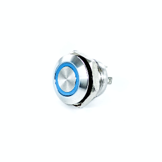 Bouton Poussoir Inox profil court dia.12mm contact NO Momentané Couronne Lumineuse Bleu 12V-Lire la description