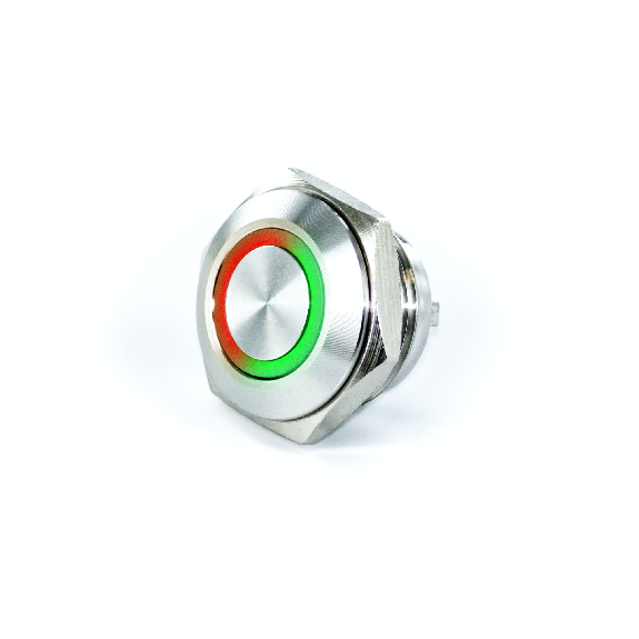 Bouton Poussoir Inox profil court dia.16mm contact NO Momentané Couronne Lumineuse Rouge/Vert 3V-Lire la description