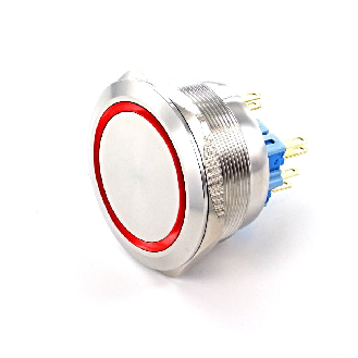 Bouton Poussoir Inox dia.40 1NO1NC, Momentané, Tche rasante,  Couronne Rouge 6V-Lire la description