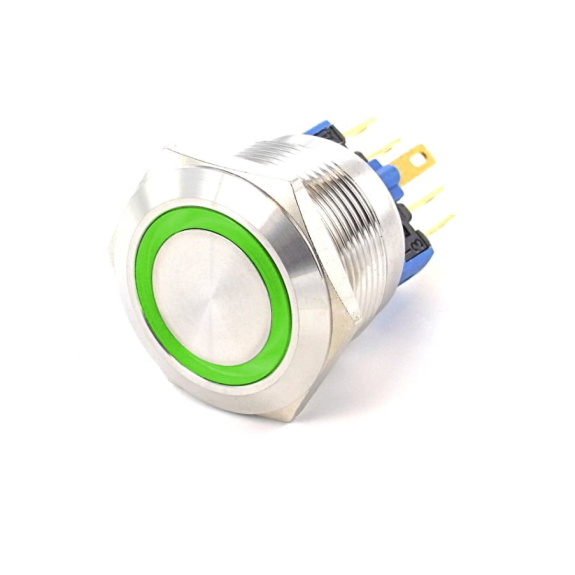 SOAV4ESG12<BR>Bouton Poussoir dia.22 Inox 1NO1NC couronne verte 12V-Lire la description