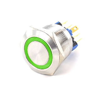 SOAV4ESG12<BR>Bouton Poussoir dia.22 Inox 1NO1NC couronne verte 12V-Lire la description