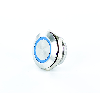 Bouton Poussoir Inox profil court dia.19mm contact NO Momentané Couronne Lumineuse Bleu 12V-Lire la description