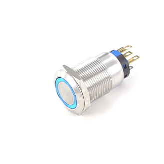 Bouton Poussoir inox 19mm 1no1nc couronne lumin bleu 12v-Lire la description