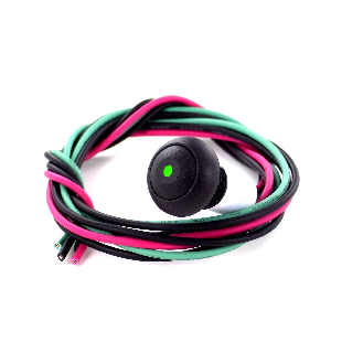Bouton Poussoir miniature dia.13.6 PA66 noir, NO, MOM, sortie fils 500mm, led Vert-Lire la description