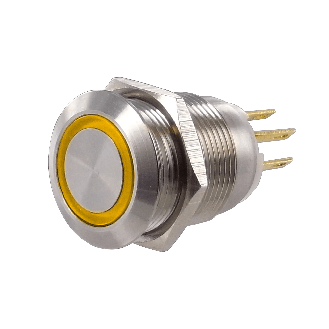SOAV3SESO12<BR>Bouton Poussoir inox 19mm 1no+1nc mom couronne lumin orange 12V-Lire la description
