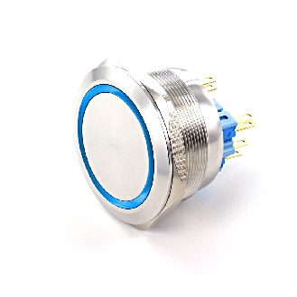 Bouton Poussoir Inox dia.40 1NO1NC, Momentané, Tche rasante,  Couronne Bleu 6V-Lire la description