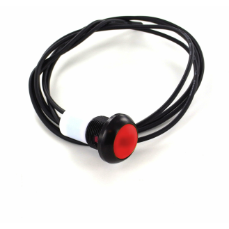 Bouton Poussoir miniature dia.13.6 PA66 rouge, NO, MOM, sortie fils 500mm-Lire la description