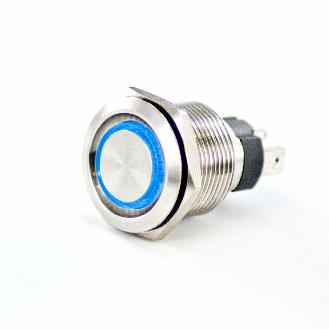 Bouton Poussoir Inox dia.19mm contact NO Maintenu Couronne Lumineuse Bleu 12V cosses à souder-Lire la description