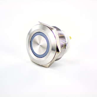 Bouton Poussoir inox dia22, NO, MOM cosses, tche rasante, couron LED Verte 24V-Lire la description