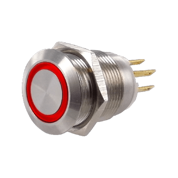 SOAV3SESR12<BR>Bouton Poussoir inox 19mm 1no+1nc mom couronne lumin rouge 12V-Leggi tutto