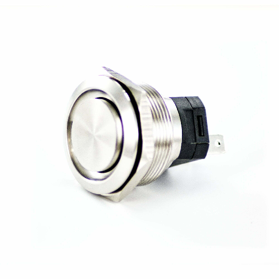 Bouton Poussoir Inox dia.25mm contact NO Momentané Non lumineux, touche Rasante cosses à souder-Lire la description