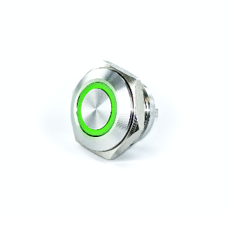 Bouton Poussoir Inox profil court dia.16mm contact NO Momentané Couronne Lumineuse Vert 24V-Lire la description