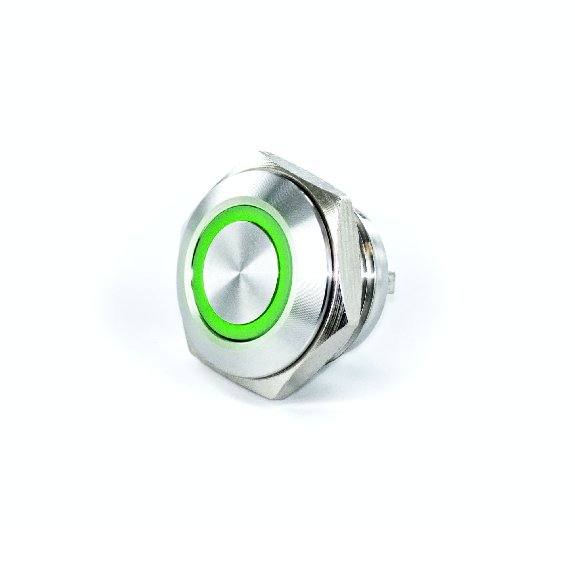 Bouton Poussoir Inox profil court dia.16mm contact NO Momentané Couronne Lumineuse Vert 24V-Lire la description