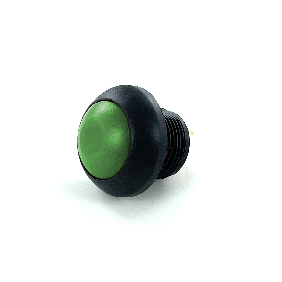Bouton Poussoir miniature dia.13.6 PA66 noir, NO, moment, cosses, touche verte-Lire la description