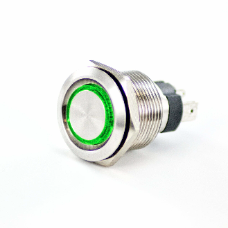 Bouton Poussoir Inox dia.19mm contact NO Momentané Couronne Lumineuse Vert 12V cosses à souder-Lire la description