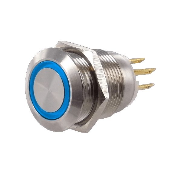 SOAV3SESB6<BR>Bouton Poussoir inox 19mm 1no+1nc mom couronne lumin bleue 6V-Lire la description