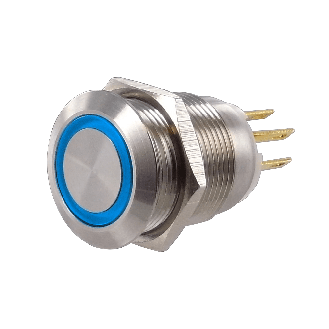 SOAV3SESB6<BR>Bouton Poussoir inox 19mm 1no+1nc mom couronne lumin bleue 6V-Lire la description