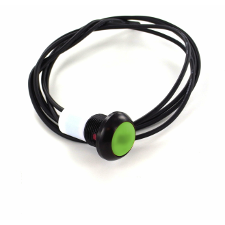 Bouton Poussoir miniature dia.13.6 PA66 vert, NO, MOM, sortie fils 500mm-Lire la description