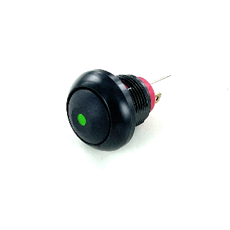 Bouton Poussoir mini dia.13.6 Zamac, NO, tche noire bombée, led Verte-Lire la description