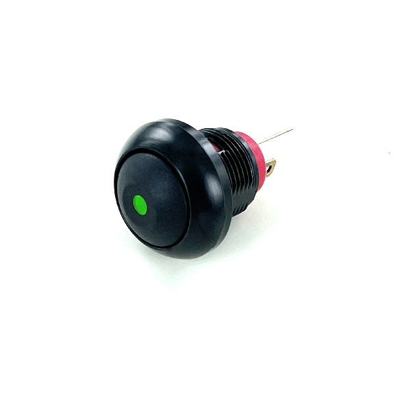 Bouton Poussoir mini dia.13.6 Zamac, NO, tche noire bombée, led Verte-Lire la description