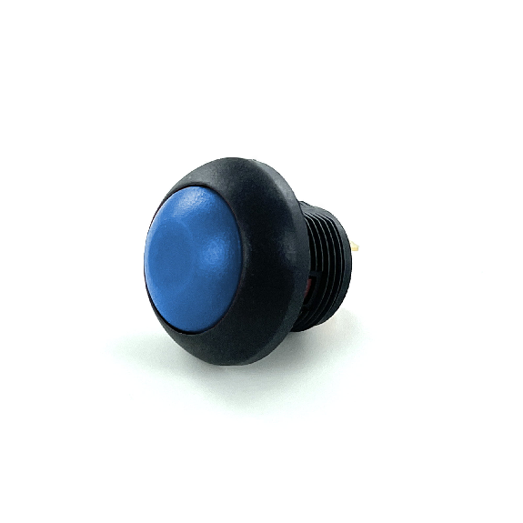 Bouton Poussoir miniature dia.13.6 PA66 noir, NO, moment, cosses, touche bleue-Lire la description