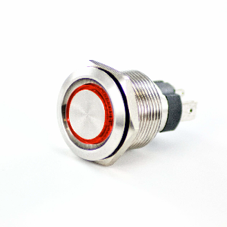 Bouton Poussoir Inox dia.19mm contact NO Momentané Couronne Lumineuse Rouge 12V cosses à souder-Lire la description