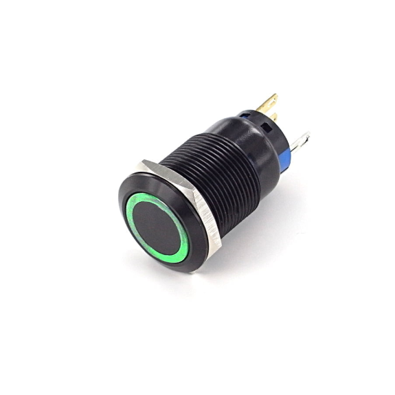 Bouton Poussoir Alu noir dia.19, NONC, Maintenu, Tche Ras Cour Vert 12V, cosses-Leggi tutto