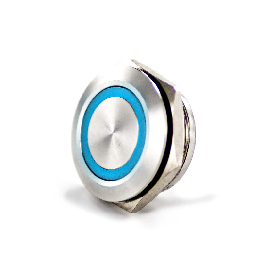 Bouton Poussoir Inox profil court dia.22mm contact NO Momentané Couronne Lumineuse Bleu 12V-Lire la description