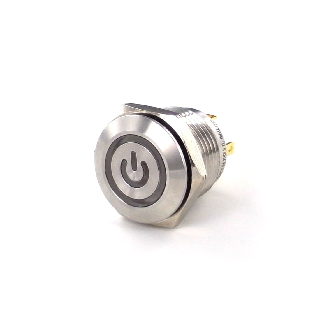 Bouton Poussoir Inox dia.16 NO, MOM, tche ras, logo power vert-Lire la description