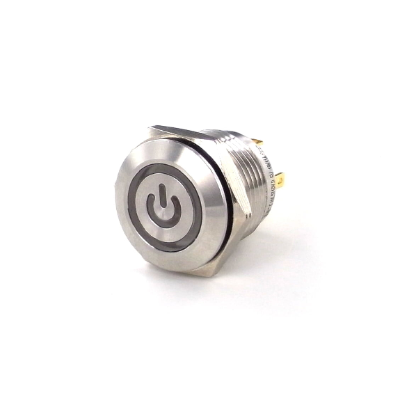 Bouton Poussoir Inox dia.16 NO, MOM, tche ras, logo power vert-Lire la description