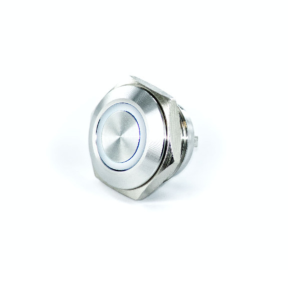 Bouton Poussoir Inox profil court dia.16mm contact NO Momentané Couronne Lumineuse Blanc 24V-Lire la description